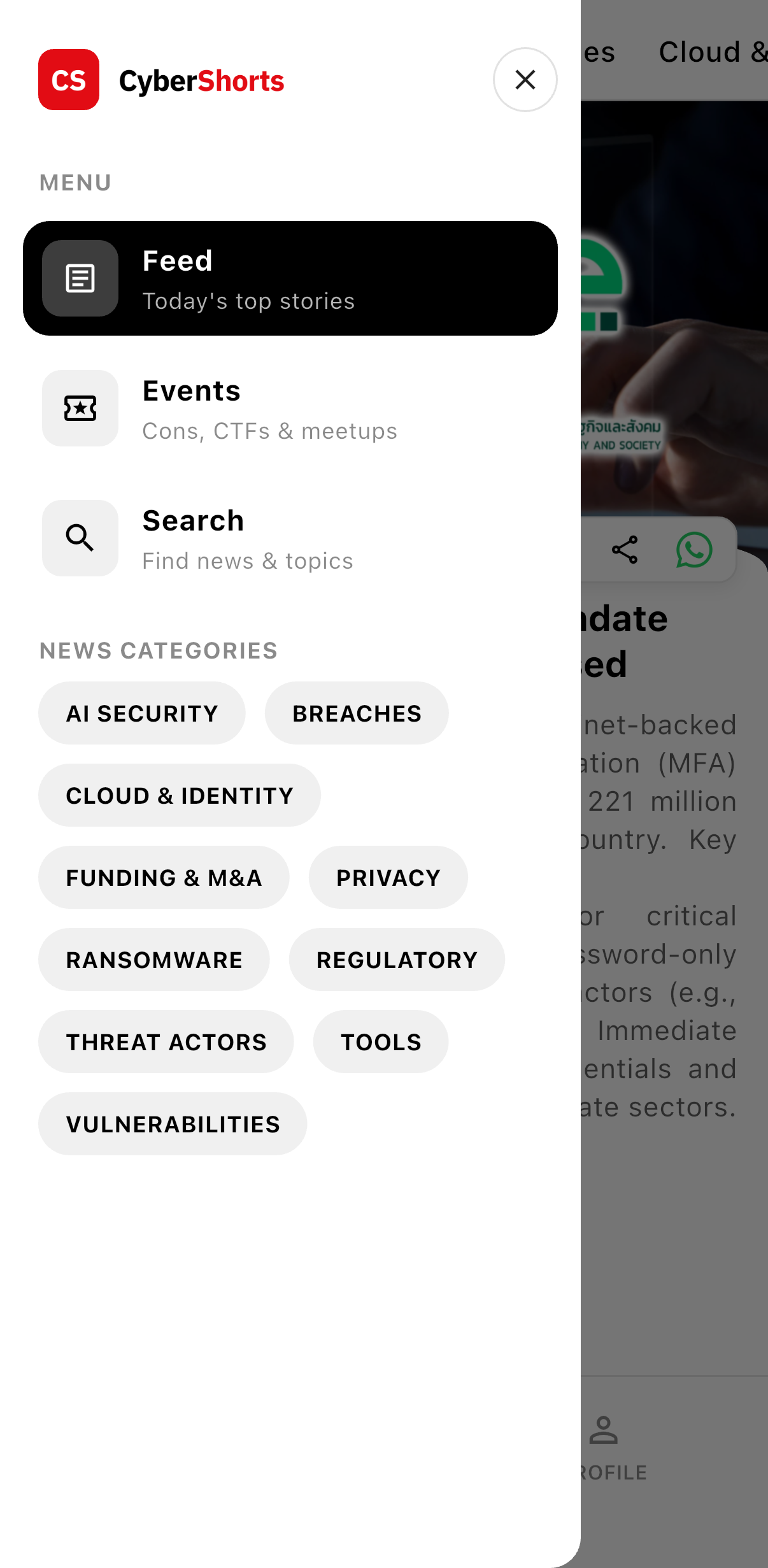 CyberShorts menu open showing News Categories like AI security, Breaches, Ransomware, and Vulnerabilities
