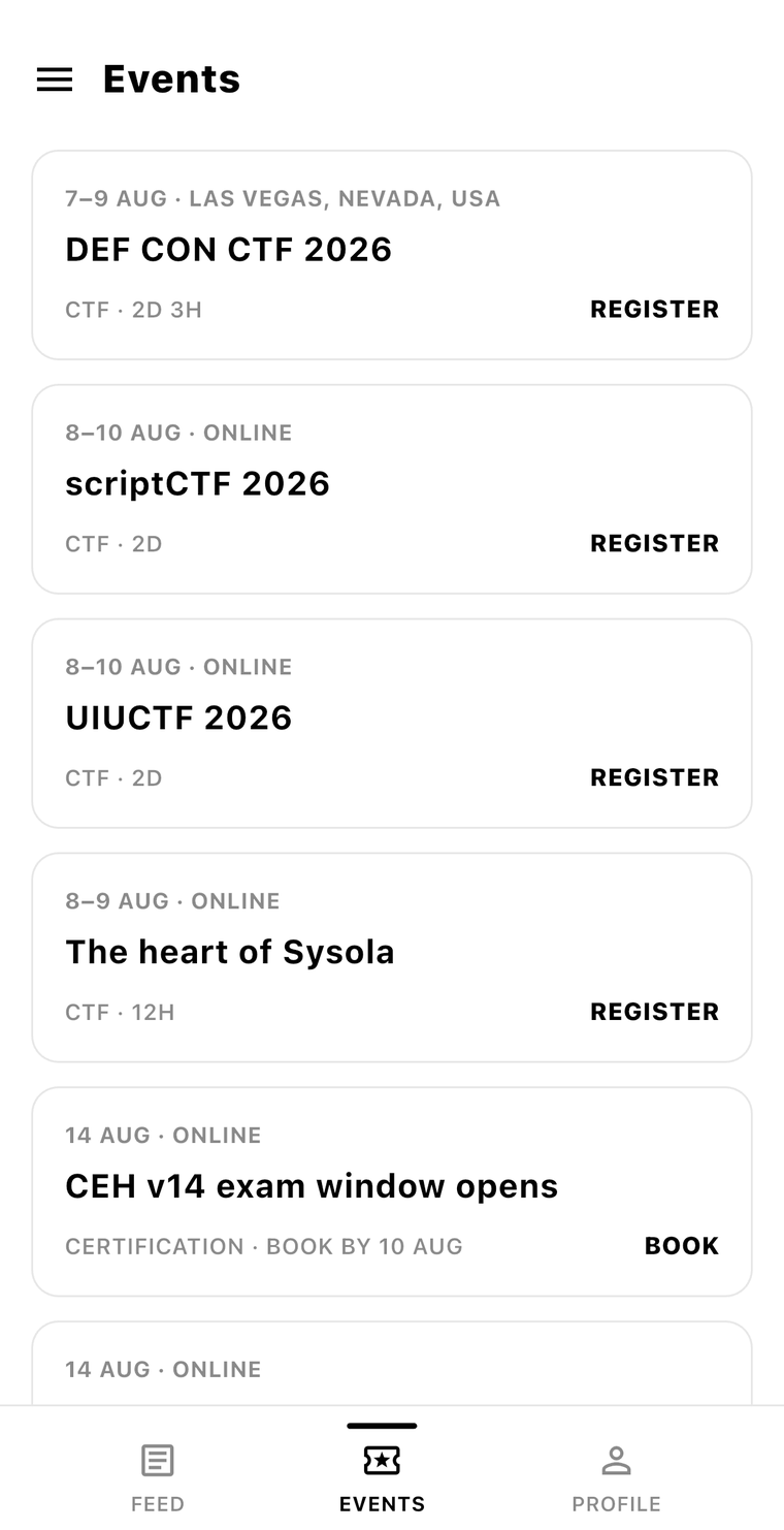 CyberShorts events list showing DEF CON, CTFs, and other security events